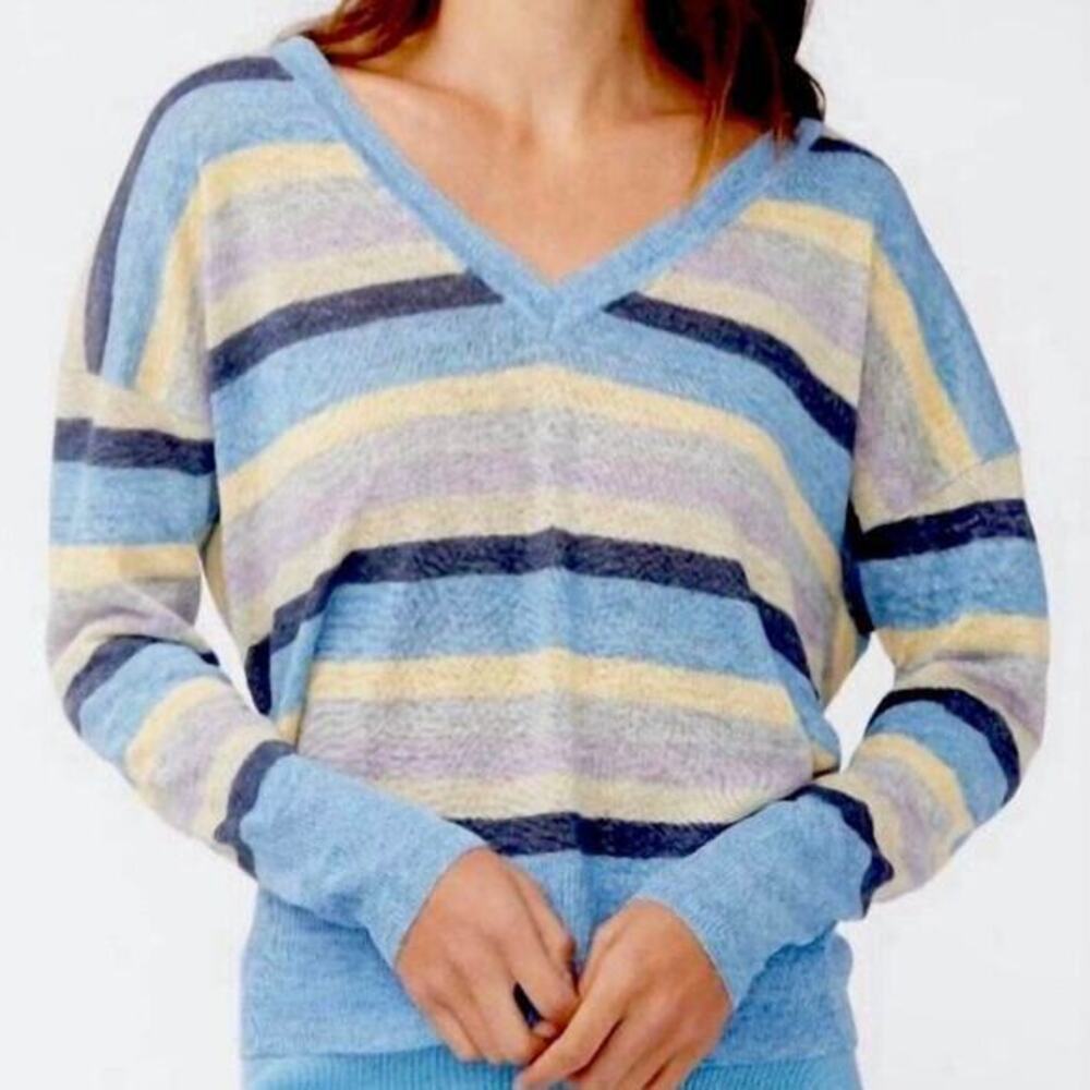 Sundays Womens Mae Linen Knit‎ V Neck Blue Multicolor Striped Sweater Size 2 / M